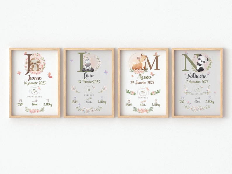 May include: Four framed prints with a floral design and a letter of the alphabet. Each print features a different animal, a baby's name, birth date, and birth stats. The animals are a sloth, a zebra, a deer, and a panda.