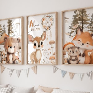 Poster personalizzato per bambini – Simpatico cervo e foresta autunnale – Decorazione per la cameretta del bambino – Poster personalizzato con nome