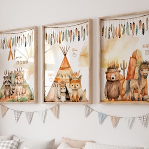 Set di 3 poster boho per bambini per una decorazione murale per bambini boho, regalo di nascita personalizzato con simpatici animali boho