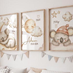 set di 3 poster per la cameretta dei bambini, poster dei piccoli koala addormentati per la decorazione della cameretta dei bambini con il nome. manifesto personalizzato.