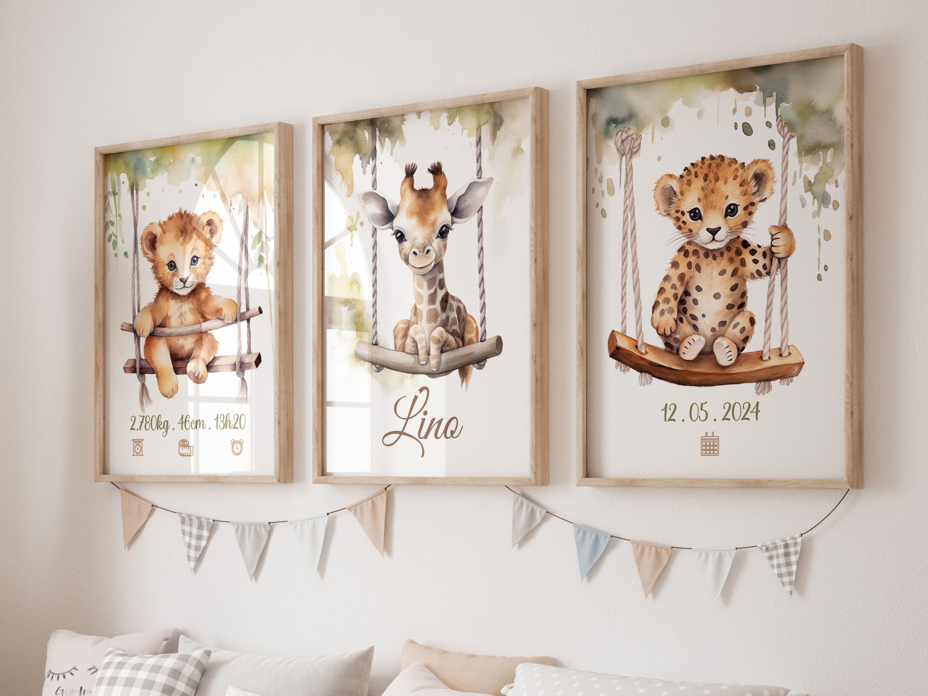 4 Posters Safari A4 Pour Chambre Enfant - Décoration Murale Animaux - Tons Naturels - LAVEMA