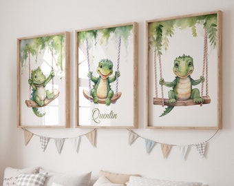 3 posters enfant thème dinosaure, affiche prénom personnalisée, déco dino bébé, art mural chambre enfant.