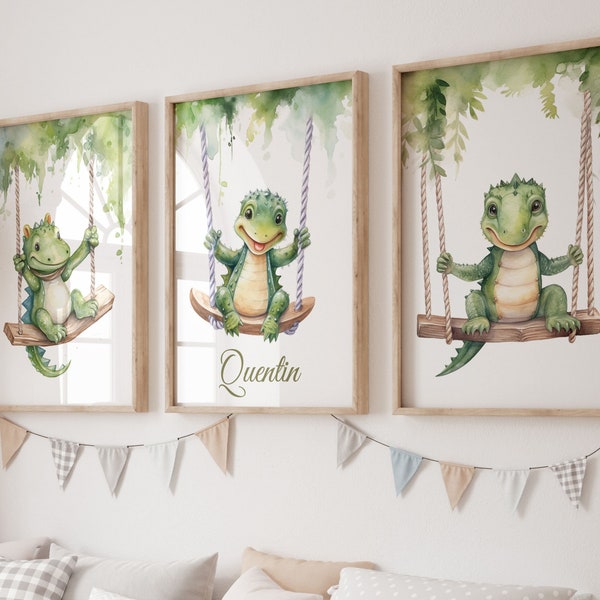 3 posters enfant thème dinosaure, affiche prénom personnalisée, déco dino bébé, art mural chambre enfant.