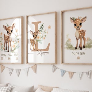 Los 3 Baby-Poster, Poster zur Dekoration des Babyzimmers, Geburtsposter, Kinderrahmen Reh, Waldtiere, Wandkunst