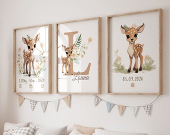 Set med 3 babyposters, poster för babyrumsdekoration, födelseannonsposter, barnram med rådjur, skogsdjur, väggkonst