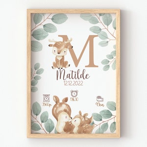 süßes Reh, Waldtiere, personalisiertes Poster Vorname Gewicht Größe Zeit für eine Babyzimmerdekoration oder ein Geburtsgeschenk