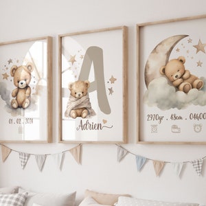 Set di 3 poster personalizzati con il nome del bambino, il piccolo orsetto di peluche, la decorazione del bambino dell'orsacchiotto, il regalo di nascita della futura mamma.