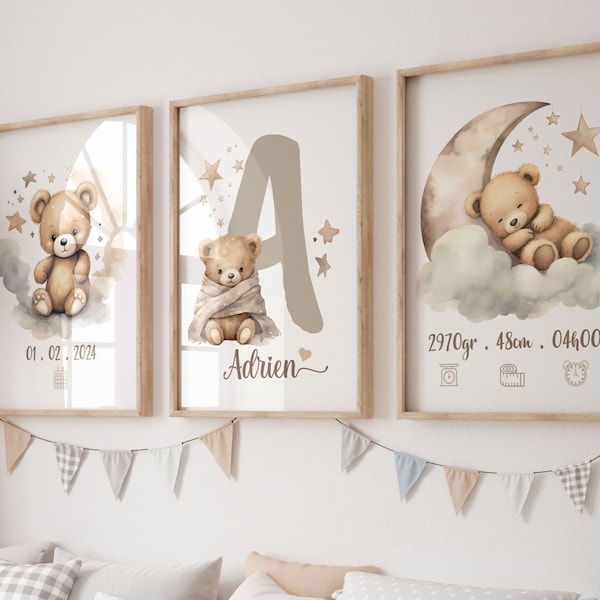 Set de 3 affiches personnalisée au prénom de bébé, petit ourson, décoration enfant nounours, cadeau de naissance futur maman.