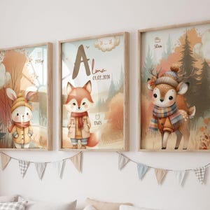 3er Set Waldposter Babyzimmer – Aquarell Waldtiere – Süßes kleines Rehposter personalisiert mit Vornamen
