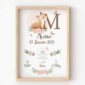 personalized fox poster for children's room, to offer at the birth of a baby, birth gift, future mother, baby initial