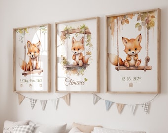 Set med 3 personliga posters med barnets namn, söta rävar, skogsdjur, barnposter, akvareller med rävar