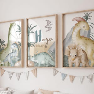 Juego de 3 carteles infantiles con temática de dinosaurios, póster personalizado con nombre, decoración de la habitación del bebé, arte de pared