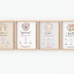 May include: Four framed prints with a floral design and a cute animal illustration. Each print includes a name, date, zodiac sign, and birth weight. The names are Math&eacute;o, Ad&eacute;laide, Emiko, and Juliette.