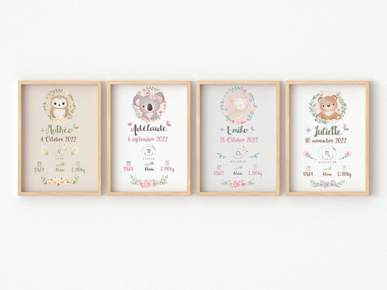 May include: Four framed prints with a floral design and a cute animal illustration. Each print includes a name, date, zodiac sign, and birth weight. The names are Math&eacute;o, Ad&eacute;laide, Emiko, and Juliette.
