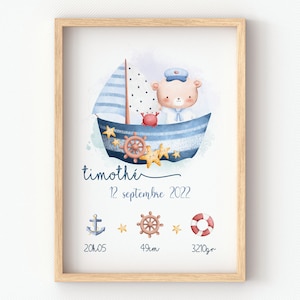 Póster de nacimiento marino, póster de bebé personalizado para la decoración del dormitorio de un niño marino, regalo de nacimiento para ofrecer a una madre joven