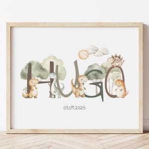Póster con el nombre de un bebé dinosaurio – Regalo de nacimiento personalizado – Decoración infantil con temática de dinosaurios