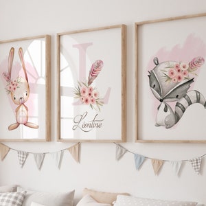 set de 3 posters fille, boho animal, chambre de bébé rose bohème, 3 affiches personnalisées bébé, affiche prénom, cadeau de naissance