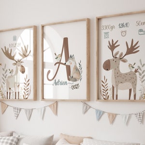 Set di 3 poster per bambini, poster con cervi per bambini per la decorazione della camera dei bambini, iniziale del bambino, libro dell'alfabeto