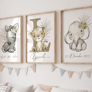 Los mit 3 Baby-Postern, niedlichen Dschungeltieren, Zebra-Elefanten-Löwenjunges, Baby-Kinderzimmer-Postern. personalisiertes Poster mit Babynamen.