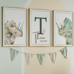 Juego de 3 pósteres de dinosaurios – Decoración de pared para habitación de bebé – Arte mural de jungla para niños – Póster de dinosaurios en acuarela