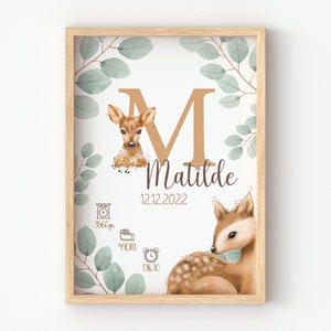 Poster zur Geburt Reh, Tiere des Waldes, personalisiertes Poster zur Dekoration des Babyzimmers, Geburtsgeschenk für junge Mutter