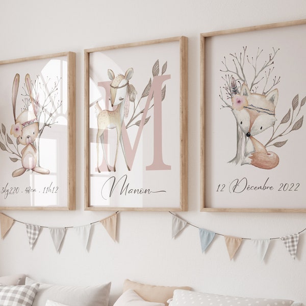 3er-Set Mädchen-Poster, Boho-Tier, rosa Boho-Babyzimmer, 3 personalisierte Baby-Poster, Vornamen-Poster, Geburtsgeschenk