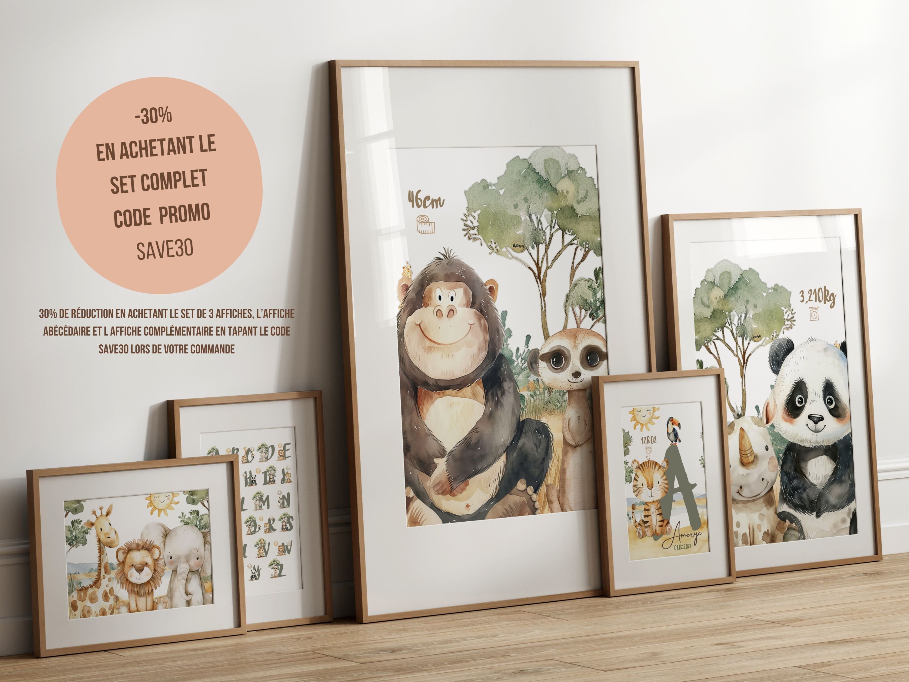 Lot De 3 Posters Animaux De La Savane Prénom Personnalisable