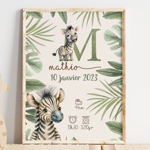 cartel de bebé de la selva, cartel de nacimiento personalizado, pequeña cebra de sabana, regalo de futura madre, decoración de la habitación del niño safari