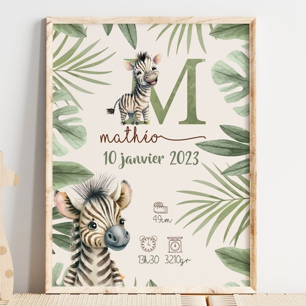 affiche bébé jungle, affiche naissance personnalisée, petit zèbre de la savane, cadeau futur maman, décoration chambre enfant safari