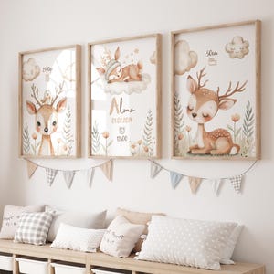 Set med 3 barnrumsaffischer: Skog, Skogsdjur, Söt liten hjort-affisch, Barnrumsaffisch med barnets namn bild 4