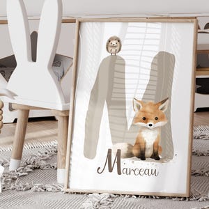Poster iniziale personalizzato - Iniziale e nome con animali del bosco - Piccola decorazione murale a forma di volpe - Illustrazione personalizzata di un orso