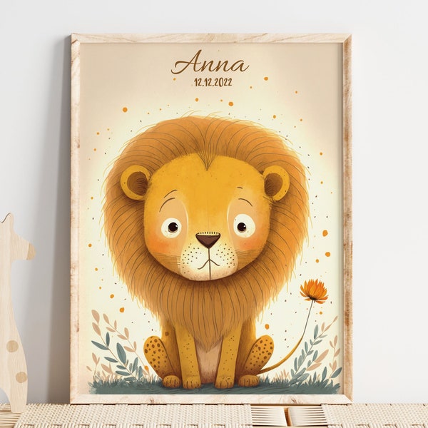 Affiche personnalisée ,Décoration Murale Bébé Lion, Affiche à Personnaliser avec prénom et date de naissance , cadeau Unique bébé