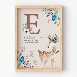 poster nascita cerbiatta, animali della foresta, poster personalizzato per la decorazione della cameretta del bambino, regalo di nascita per giovane mamma