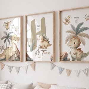 Set di 3 poster per bambini a tema dinosauri - Poster personalizzato con nome - Decorazione da parete per la cameretta dei bambini