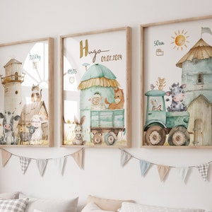 Set 3 poster di animali da fattoria per bambini, poster personalizzati di fattoria, cameretta per bambini a tema fattoria, decorazione da parete per bambini, poster di animali da fattoria