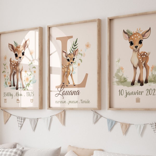 Lot 3 affiches bébé, affiche pour une décoration de chambre de bébé, affiche naissance, cadre enfant biche, animaux des bois, art mural