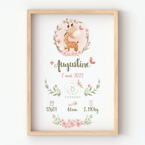affiche bébé personnalisée, affiche girafe pour une chambre de bébé au thème safari jungle, naissance de bébé, taille poids heure