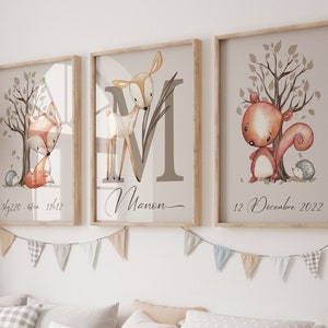 Set mit 3 Babypostern, personalisiert mit dem Vornamen des Kindes. Waldtiere, Babyzimmer mit Waldthema, 3 Illustrationen