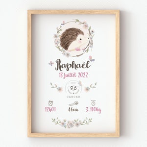 Poster Igel, Waldtiere, Babygeburt, personalisiertes Geschenk für eine junge Mutter, Wanddekoration für Kinder.