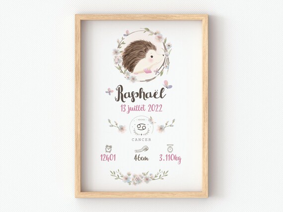 Affiche hérisson, animaux des bois, naissance de bébé, cadeau personnalisé pour une jeune maman, décoration murale enfant.