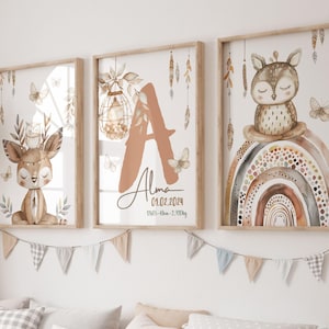 Set mit 3 Boho-Tierpostern zum Personalisieren – Wanddekoration für Babyzimmer – Geschenk zur Geburt – Poster mit Initiale und Vornamen