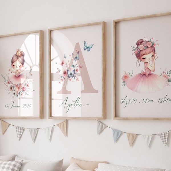 Ensemble de 3 affiches imprimées, Art mural de chambre d’enfant petite fille, Décoration murale Ballerine Bébé fille