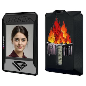 Può includere: Due porta tessere neri. Uno presenta la foto di una donna con la scritta "STEALTH" sopra e "Gemz" sotto. L'altro ha un cassonetto in fiamme con la scritta "IDGemz".