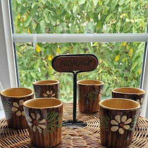 Set of 6 vintage Alsatian pottery cups from Soufflenheim - handmade floral decoration - French ceramics