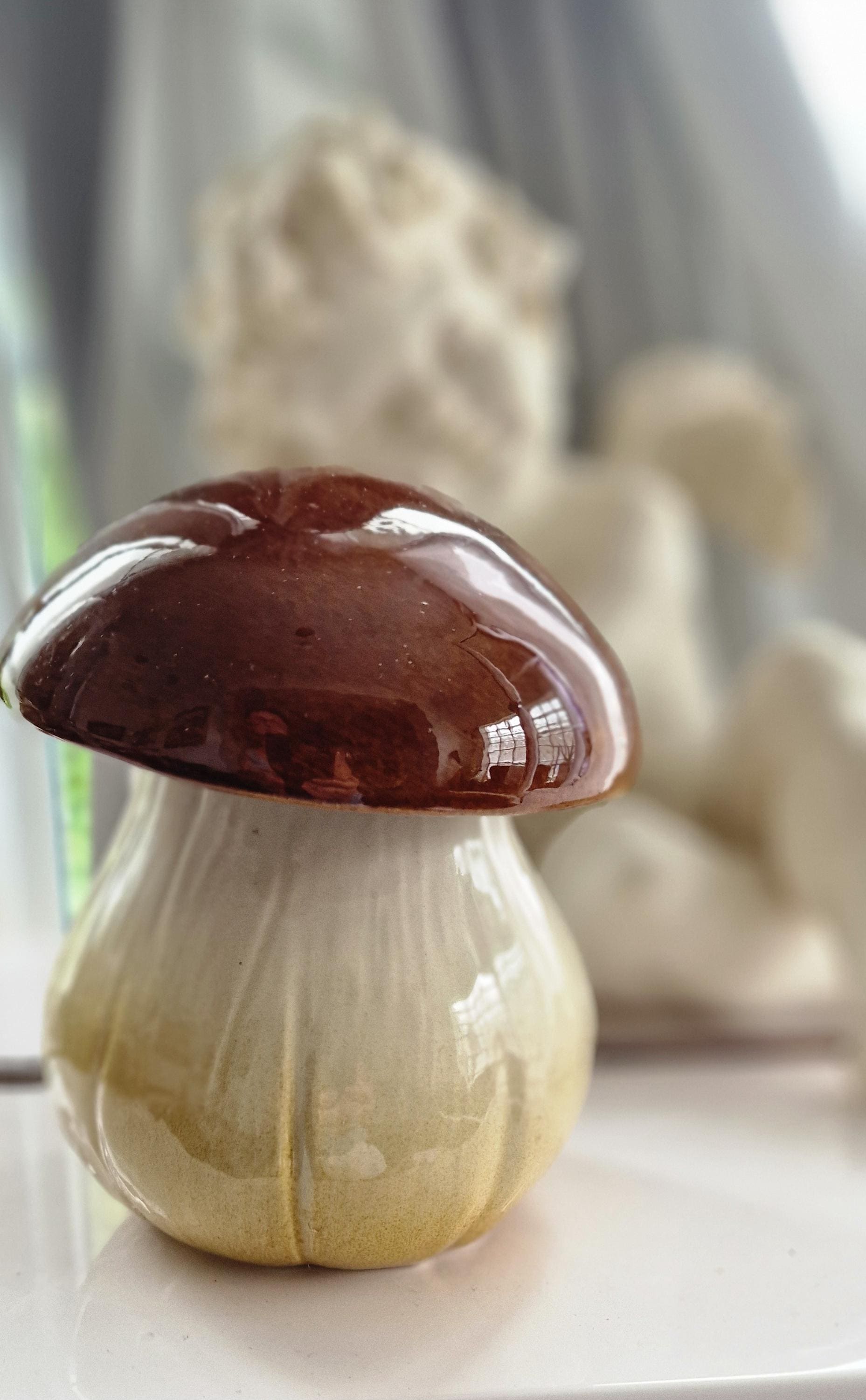 ヴィンテージ セラミック マッシュルームポット - 蓋付きレトロ装飾瓶