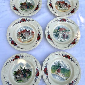 6 Sarreguemines Obernai soup plates – Henri Loux decor – Antique French earthenware