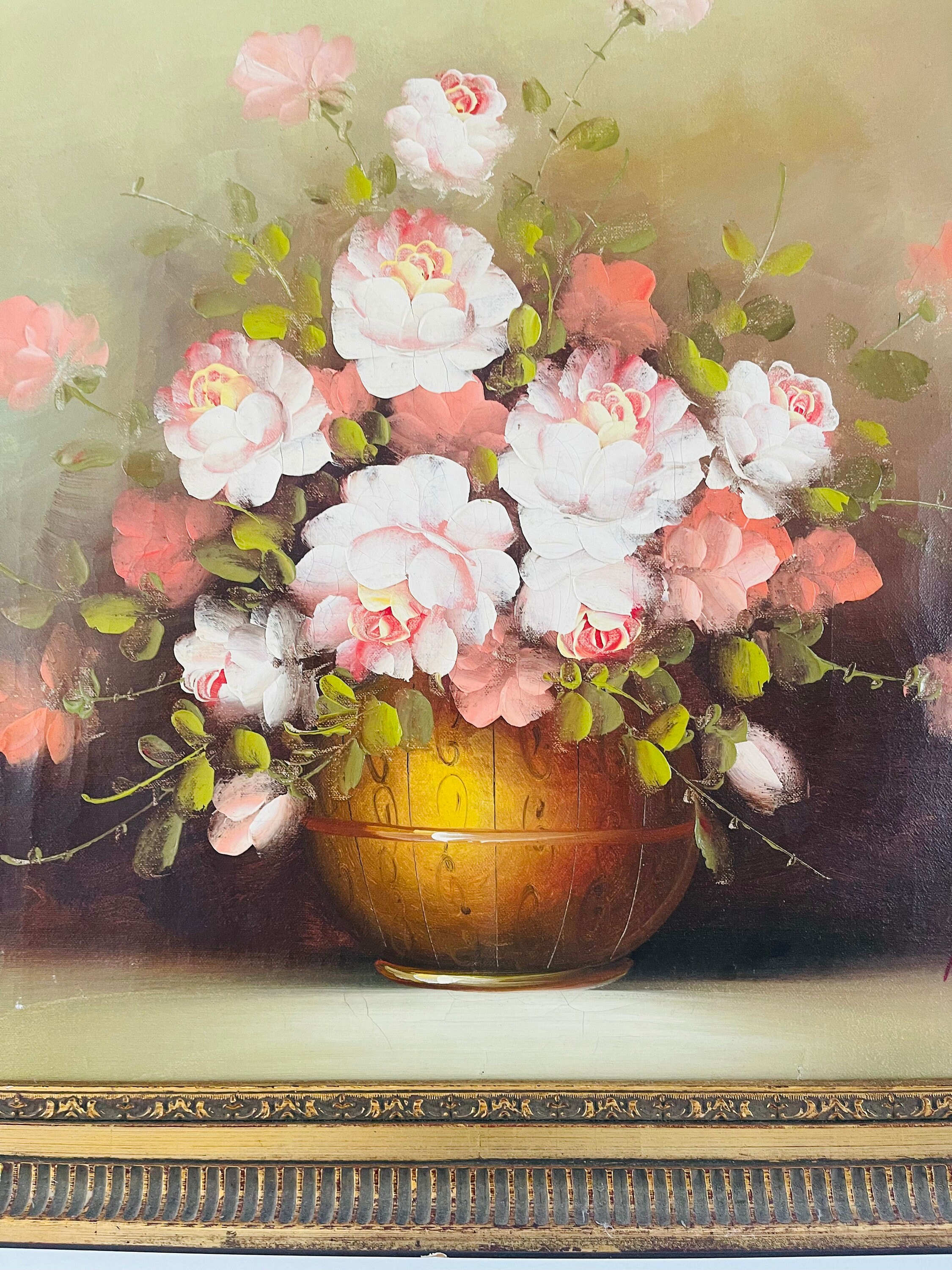 キャンバスに油彩、ヴィンテージ 1970 バラの花瓶を描いた、巧みに描か