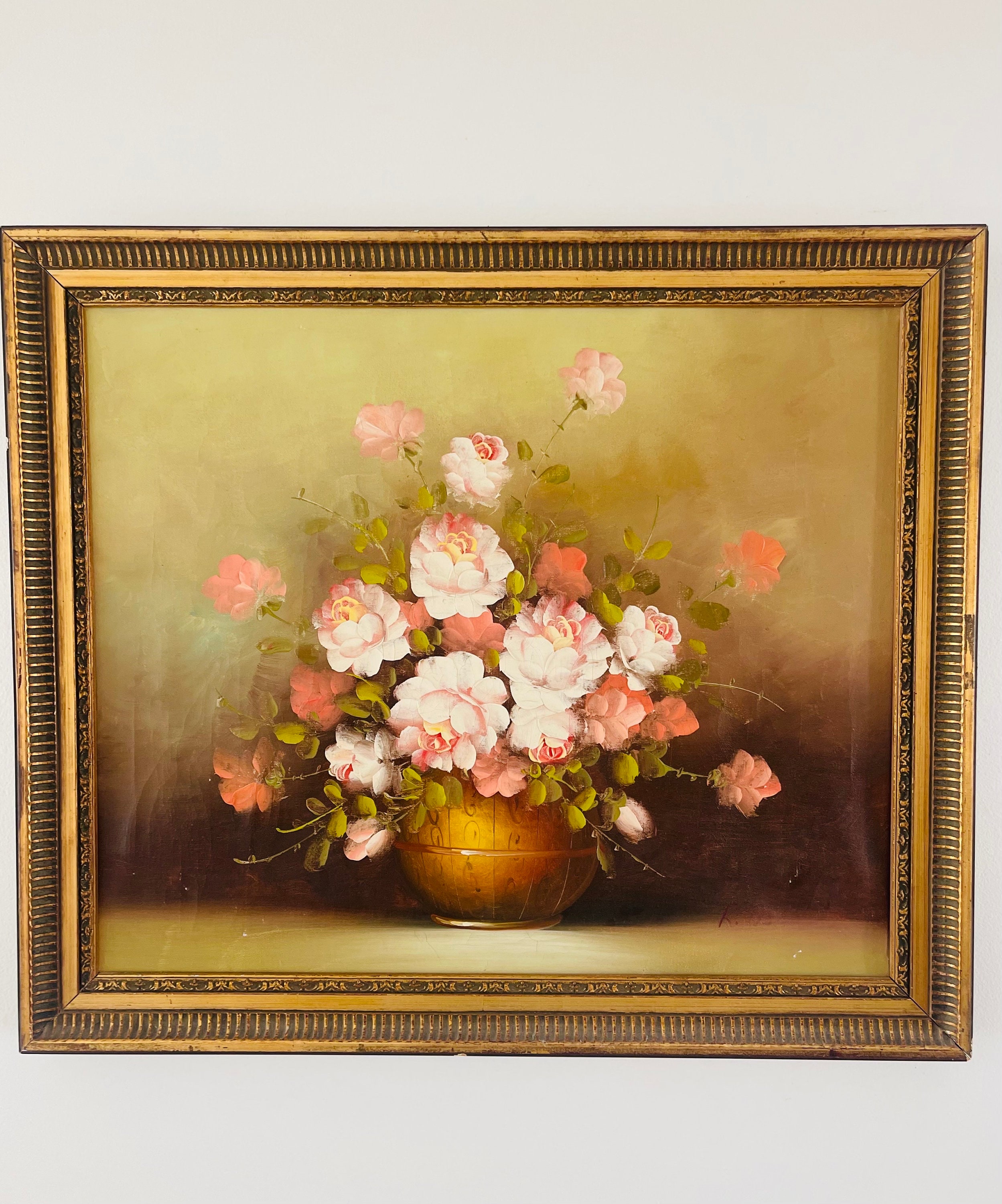 とても雰囲気のよい優しいバラと鳥の絵 油彩画 花瓶のバラ