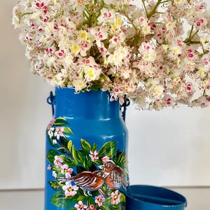 Antique hand-painted enamel milk jug – Birds & flowers – bright blue – vintage country decor