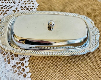 Vintage Silver Metal Butter Dish with Engraved Lid and Removable Insert